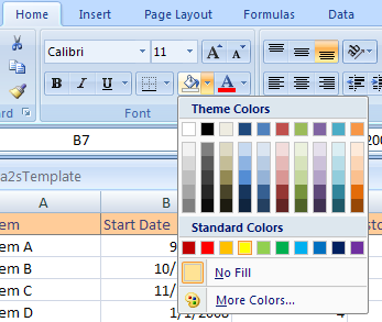 Click the Home tab. Click the Fill Color button arrow. Then click the color on the palette.