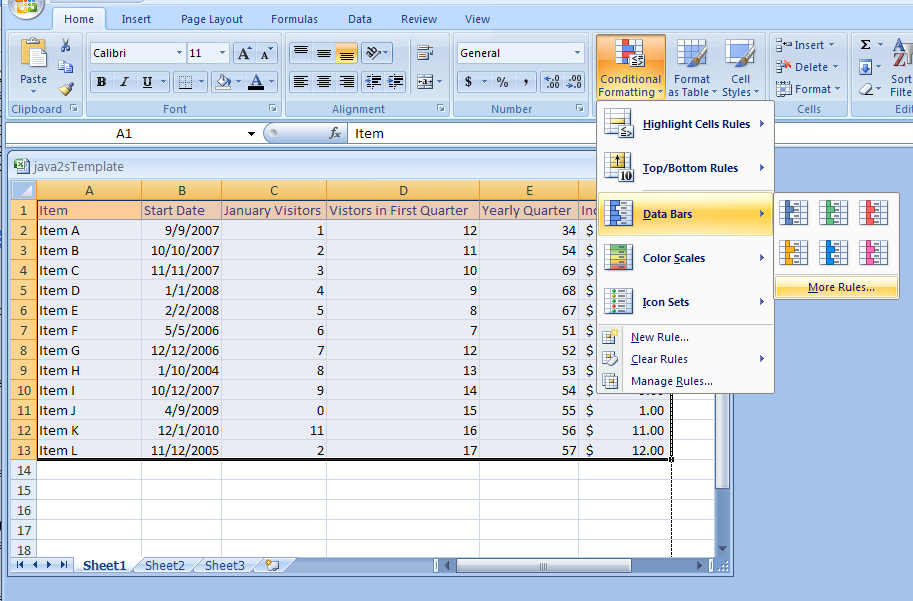 To create a custom data bar, click More Rules