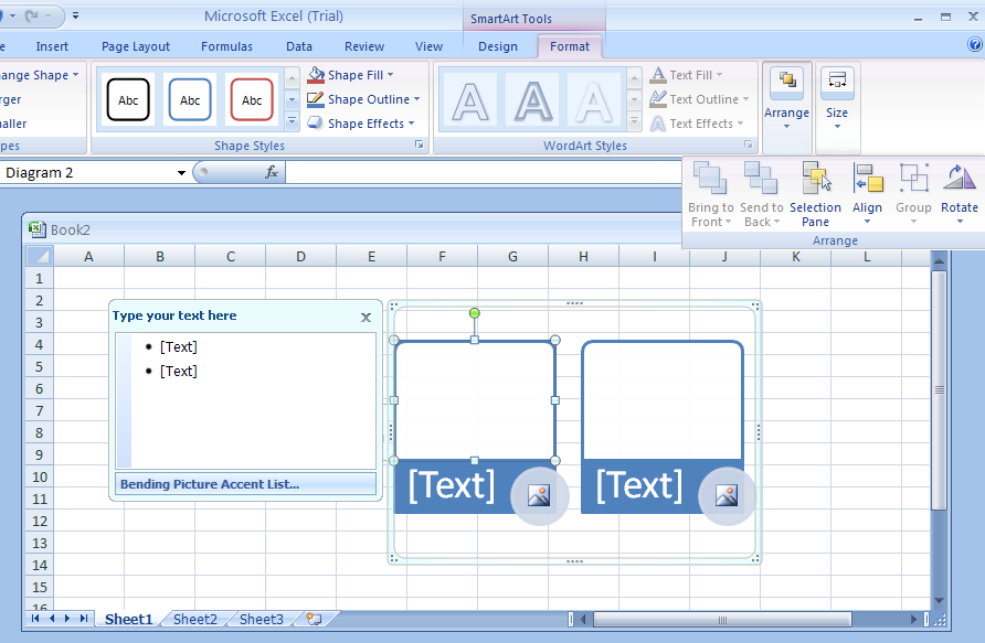 Select the shape in the SmartArt graphic. Click the Format tab under SmartArt Tools. Click the Arrange button. Choose options: Bring to Front, Send to Back, Align, Group, or Rotate.