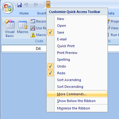 Click the Customize Quick Access Toolbar list arrow, and then click More Commands.