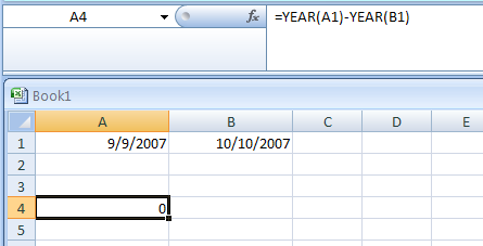 Input the formula: =YEAR(A1)-YEAR(B1)