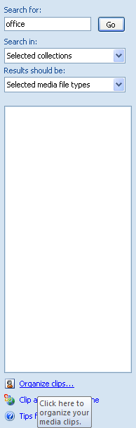 Click the Insert tab. Click the Clip Art button. Click Organize Clips.