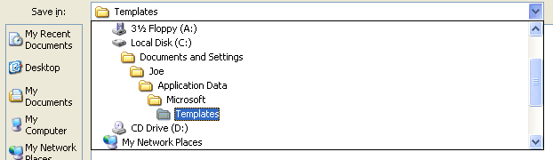 The location defaults to the folder for My Templates.