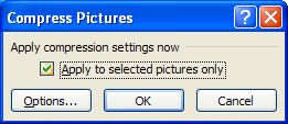 Select the Apply to selected pictures only to apply compression setting to only the selected picture. Or clear the check box to compress all pictures in your workbook.