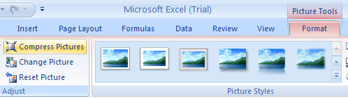Select the picture. Click the Format tab under Picture Tools. Click the Compress Pictures button.