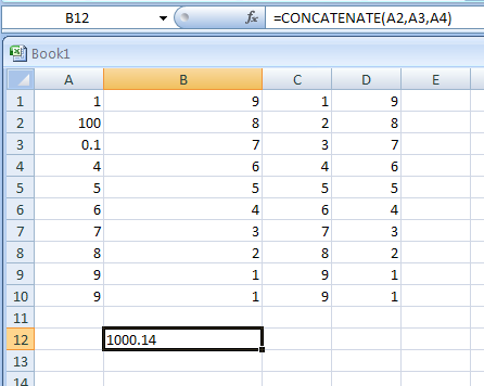 Input the formula: =CONCATENATE(A2,A3,A4)