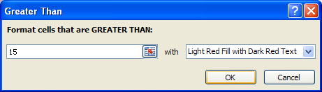 Click the comparison rule: Greater Than, Less Than, Between, Equal To, Text that Contains, A Date Occurring, Duplicate Values, Specify the criteria you want. Click OK.