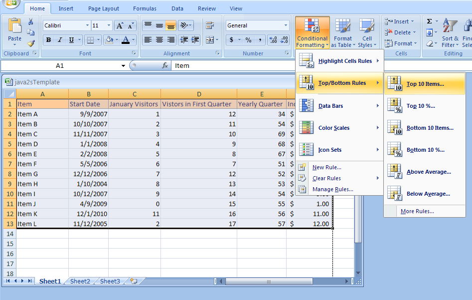 Click the comparison rule: Top 10 Items, Top 10 %, Bottom 10 Items, Bottom 10 %, Above Average, Below Average