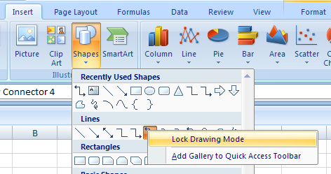 To draw multiple connector lines, right-click the connector, and then click Lock Drawing Mode.