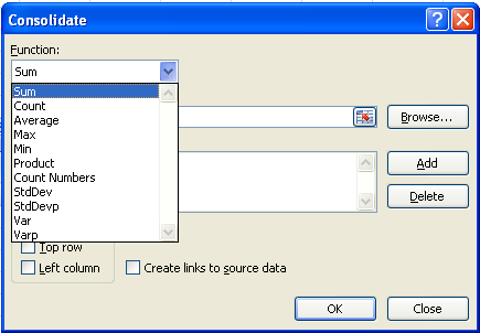 Click the Function list arrow, and then select the function for consolidating data.