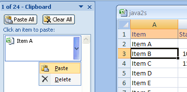 Click an Office Clipboard item. Click the list arrow. Then click Paste.