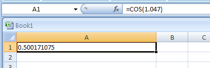 Input the formula: =COS(1.047)