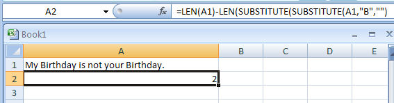Input the formula: =LEN(A1)-LEN(SUBSTITUTE(SUBSTITUTE