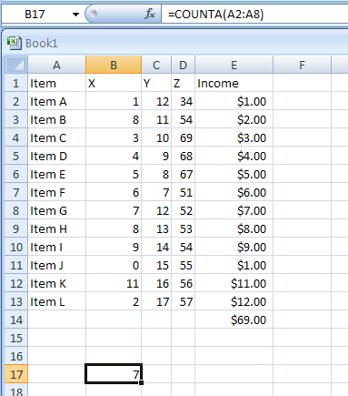 COUNTA(value1,value2,...) counts how many values are in the list of arguments