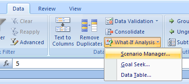 Click the Data tab. Click the What-If Analysis button, and then click Scenario Manager.