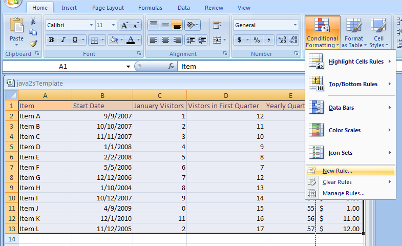 Click the Home tab. Click the Conditional Formatting button. Then click New Rules.