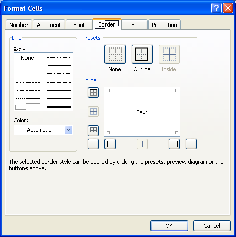 The Format Cells dialog box opens. Select the formatting on the Number, Alignment, Font, border, Fill, and Protection tabs, and then click OK.
