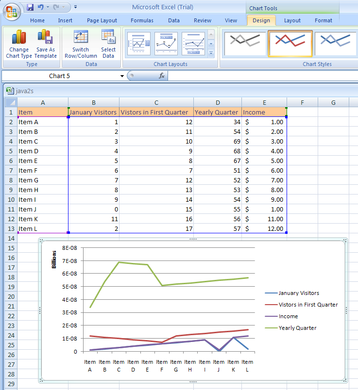 Click the chart. Click the Design tab under Chart Tools.