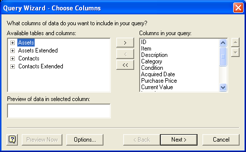 Click a table column name, and then click Add to add it to your query. Add the columns. Click Next.