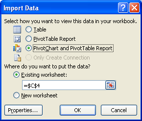 Click the Existing worksheet option, and then specify a cell location, or click the New worksheet option.