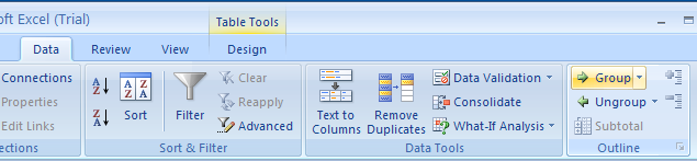 Select the data. Click the Data tab and click the Group button arrow, and then click Group.