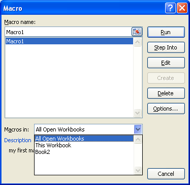 Click the Macros in list arrow, and then click All Open Workbooks.