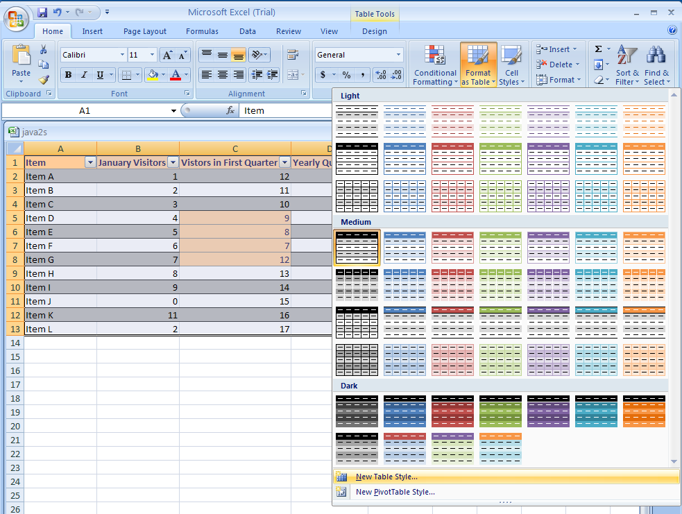 To create a new table style, click New Table Style.