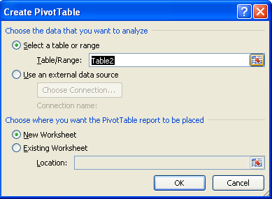 Click the Select a table or range option, or click the Use an external data source option, click Choose Connection, and then select a connection.