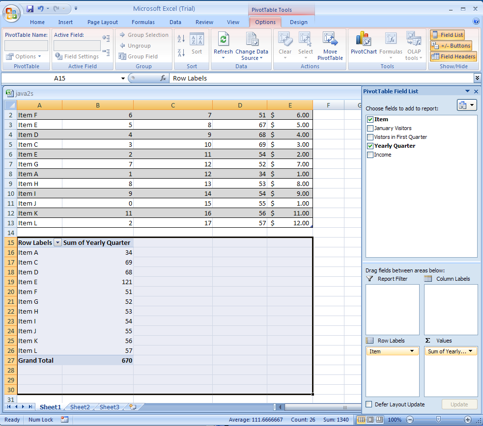 Select the check boxes next to the fields you want to use to add them to the empty PivotTable.