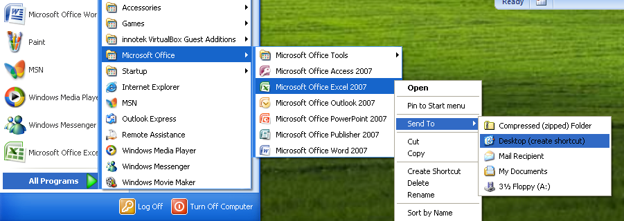 Then right-click Microsoft Office Excel 2007 and point to Send To. And then click Desktop (Create Shortcut).