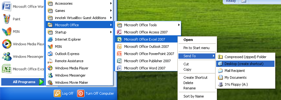 Create a program shortcut from the Start menu to the desktop for Excel