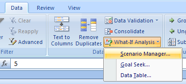 Click the Data tab. Click the What-If Analysis button, and then click Scenario Manager.