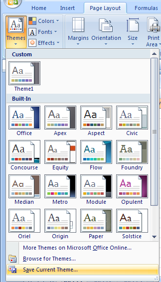 Click the Page Layout tab. Click the Themes button. Then click Save Current Theme.