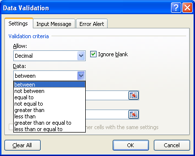 Click the Data list arrow, and then select a logical operator.