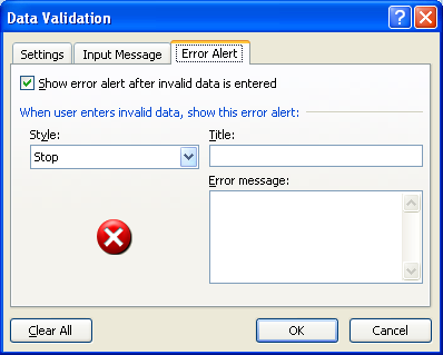 Click the Error Alert tab, and then select an alert style, type a title, and error message.