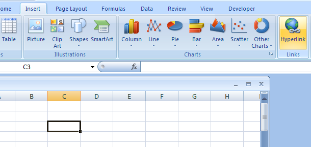 Select a cell or object. Click the Insert tab. Click the Hyperlink button.