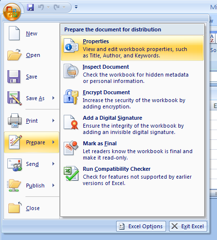Click the Office button, point to Prepare, and then click Properties.