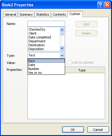 Select the data type for the property. Type a value for the property.