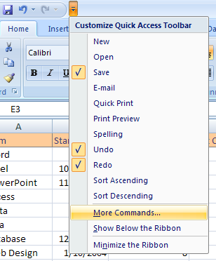 Click the Customize Quick Access Toolbar list arrow. Then click More Commands.