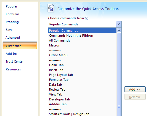 Then click the Choose commands from list arrow. Then click All Commands or a specific Ribbon.