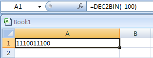 Input the formula: =DEC2BIN(-100)