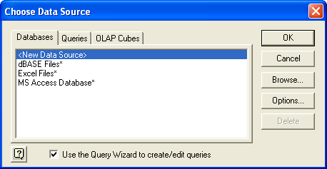 Click the Databases tab. Click New Data Source. Click OK.