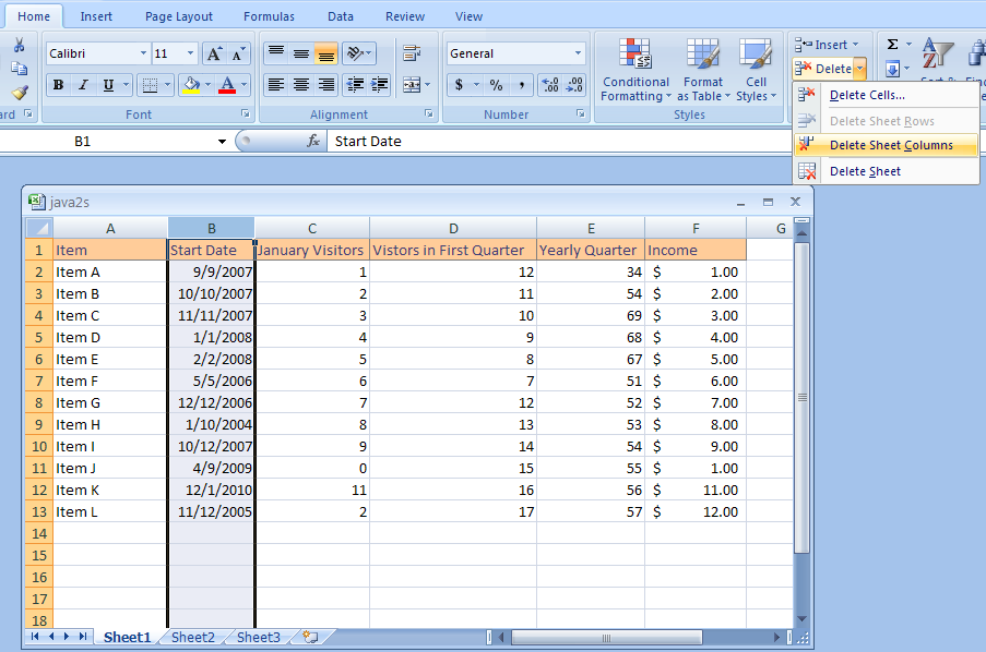 Click the Home tab. Click the Delete Cells button. Then click Delete Sheet Columns or Delete Sheet Rows.