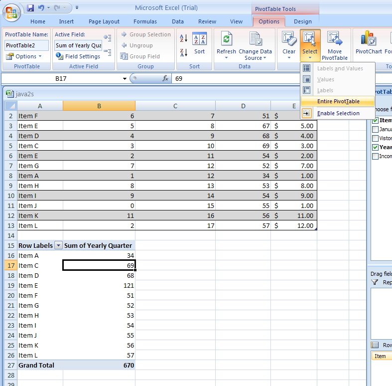 Click the PivotTable report. Click the Options tab. Click the Select button. Click Entire PivotTable. Then press Delete.