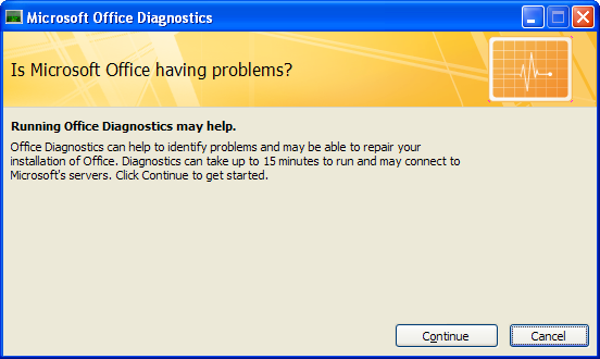 The Microsoft Office Diagnostics dialog box appears.