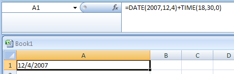 Input the formula: =DATE(2007,12,4)+TIME(18,30,0)