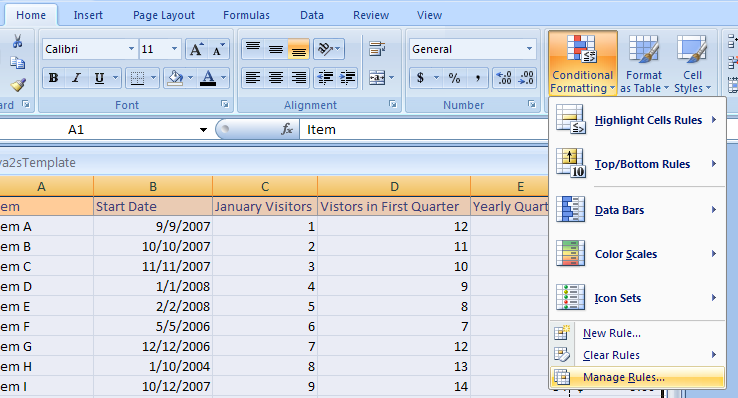 Click the Home tab. Click the Conditional Formatting button. Then click Manage Rules.