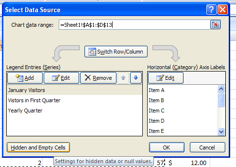 Click Hidden and Empty Cells to plot hidden worksheet data in the chart and determine what to do with empty cells.