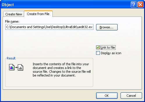 To create a link to the object, select the Link to file check box.
