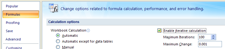 Click Formulas. Select the Enable iterative calculation.